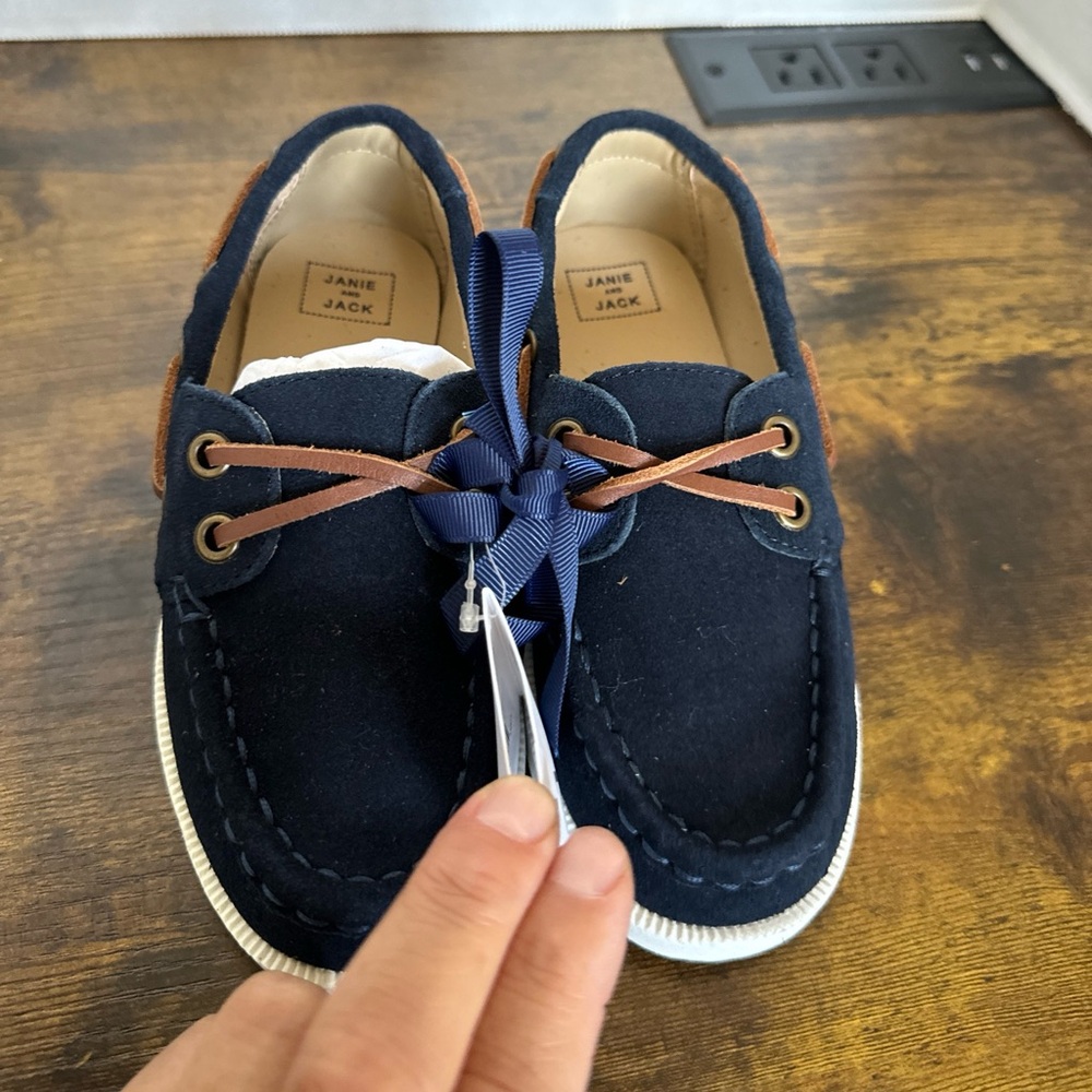 New Janie and Jack Leather Shoe Boys 11 Navy Blue Suede Loafer Slip On Nautical